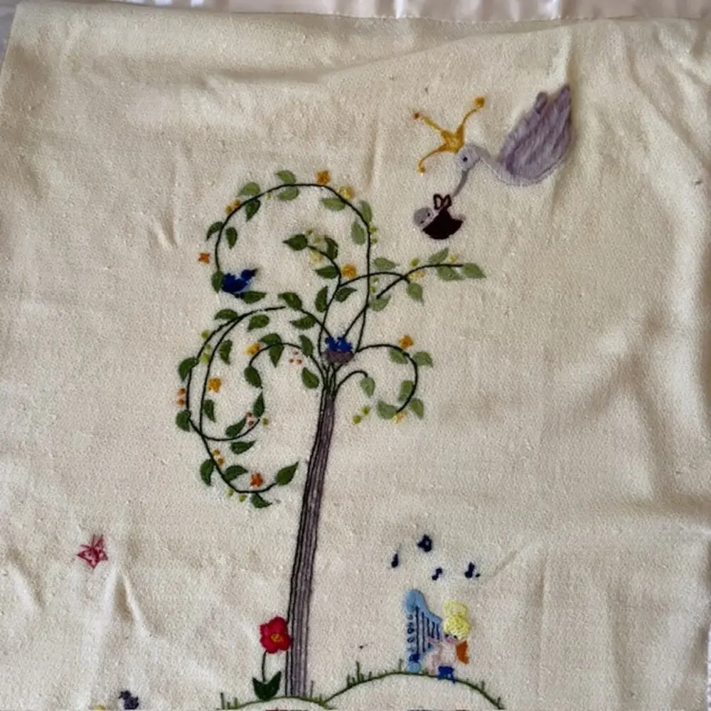 Vintage Embroidered Baby Blanket 33x51 Storybook Nursery Decor Heirloom